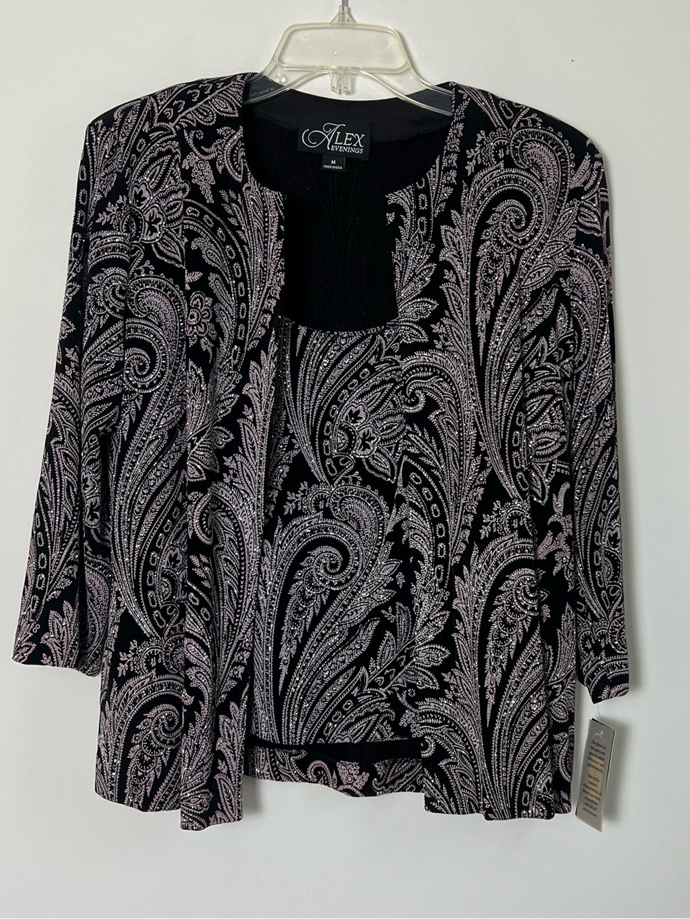 Alex Evenings Glitter Paisley Print Twinset Jacket Tank Top Set Black Stone M - Picture 1 of 16